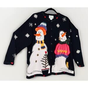 Vintage Quacker Factory Black Cardigan 1X Snowmen Christmas Winter Cat Holiday